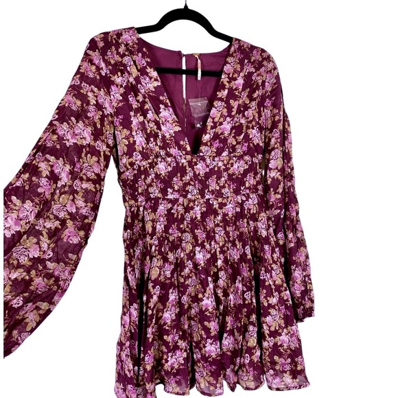 NWT Free People XS Mini Dress Floral Purple Long Sleeve Boho Cottage Western FP - Picture 2 of 6